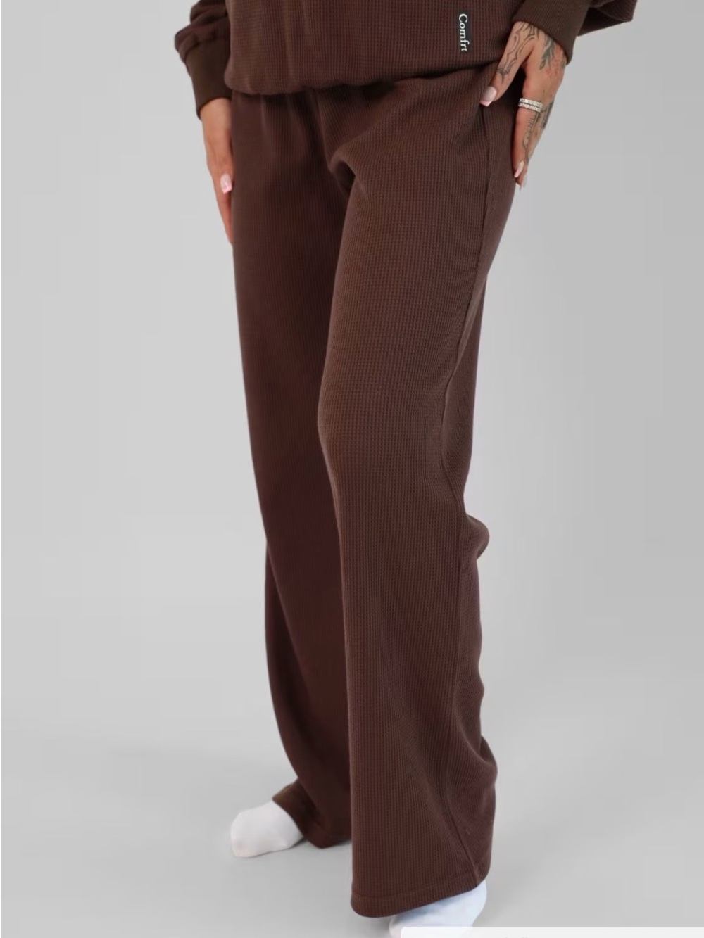 Comfrt Waffle Knit Wide-Leg Lounge Pants - Cocoa Large